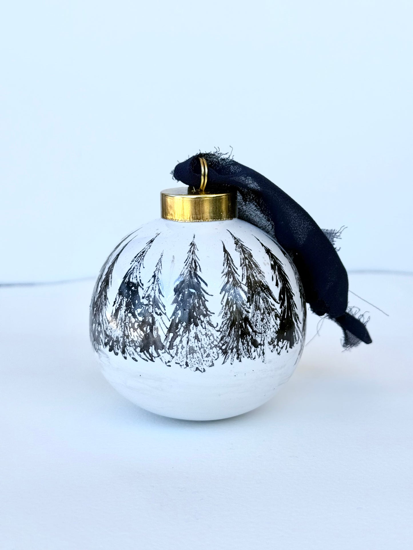 Black Winter Scene Glass Ornament -Hand Painted