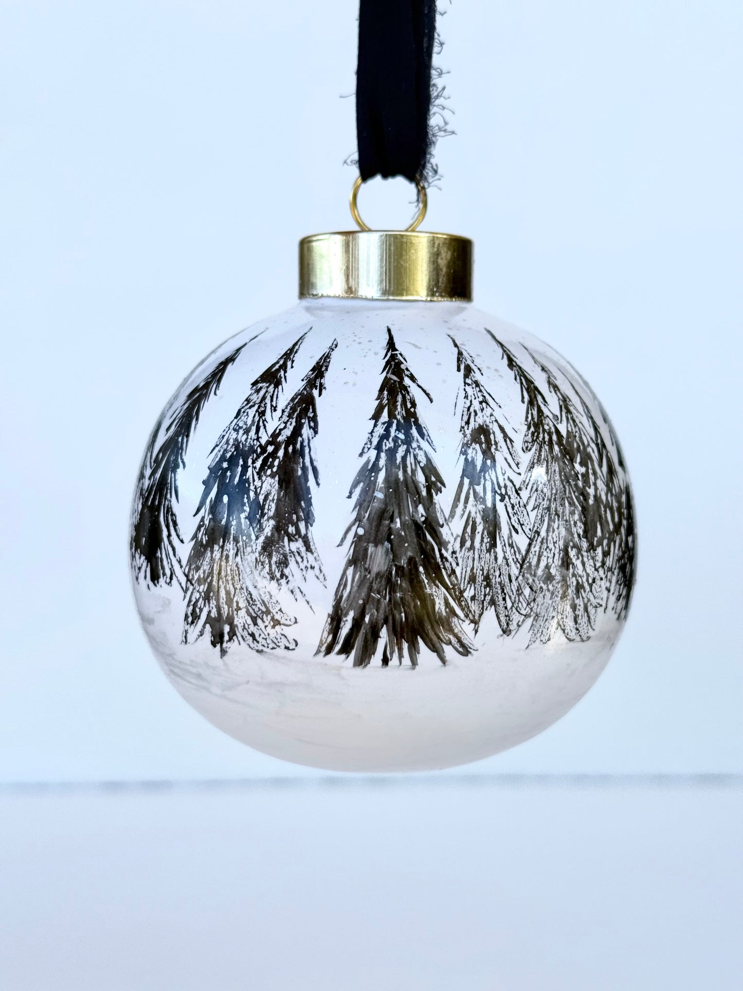 Black Winter Scene Glass Ornament -Hand Painted