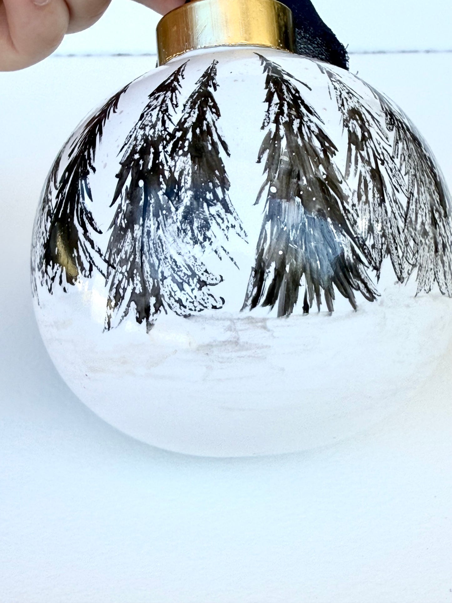 Black Winter Scene Glass Ornament -Hand Painted