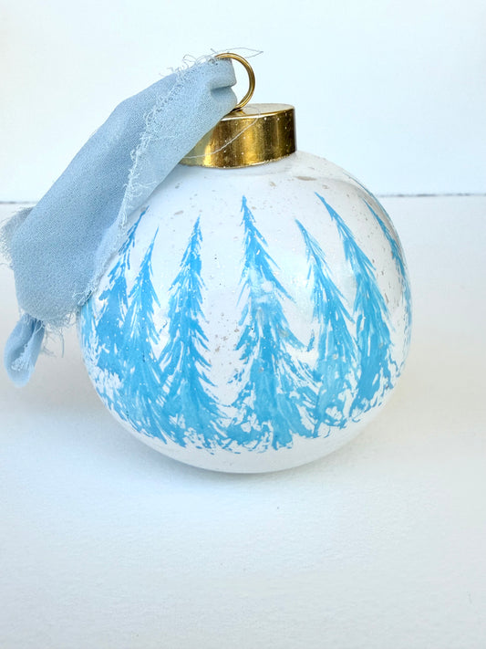 Icy Blue Winter Scene Glass Ornament -Hand Painted