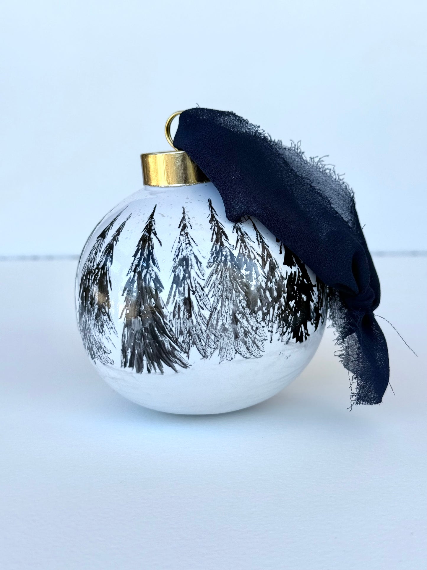 Black Winter Scene Glass Ornament -Hand Painted