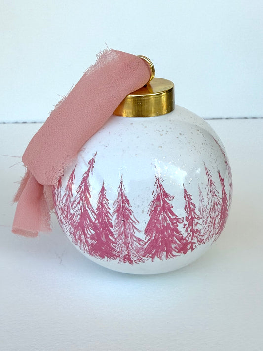 Pink Winter Scene Glass Ornament -Hand Painted