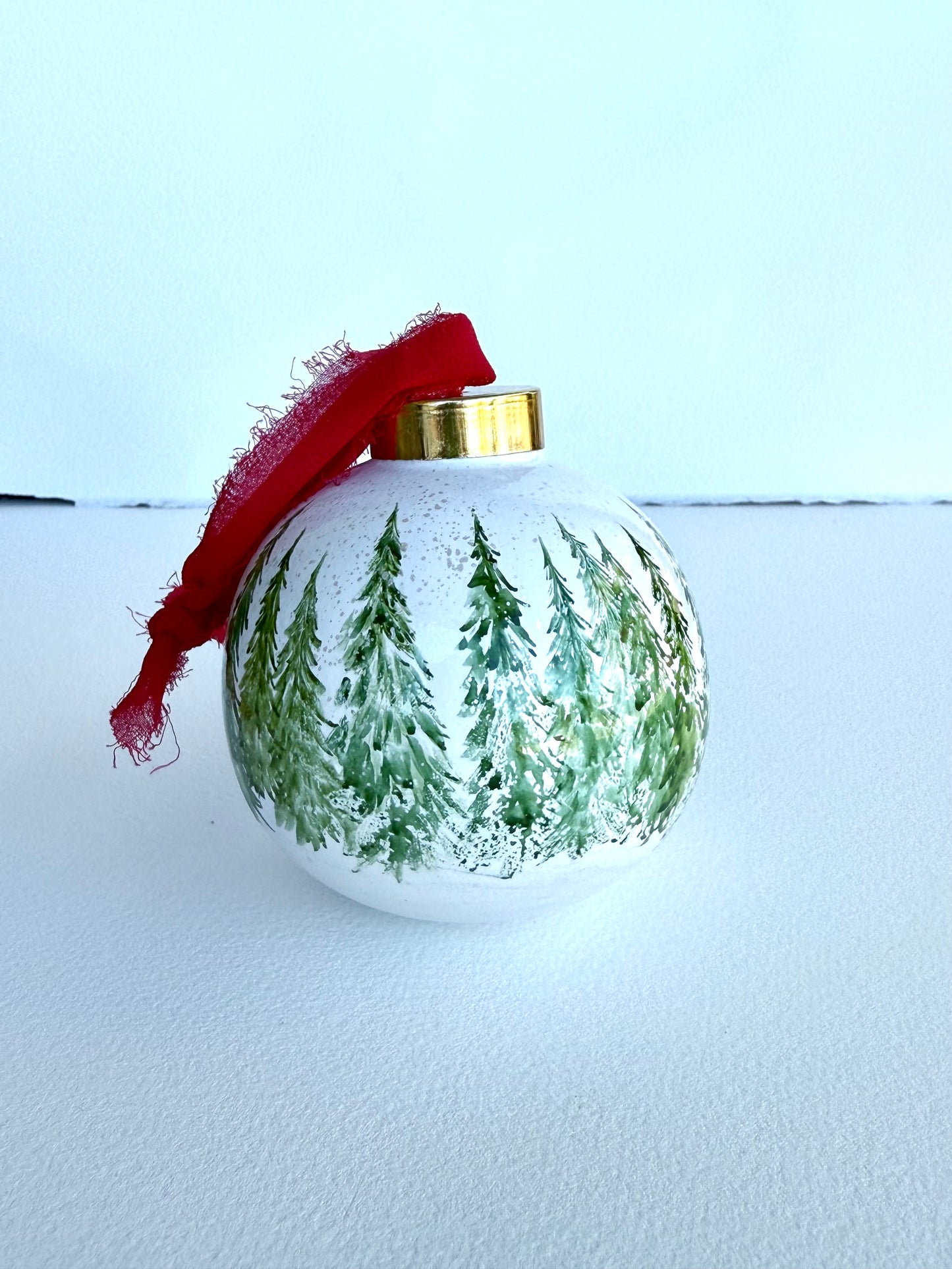 Green Winter Scene Glass Ornament -Hand Painted