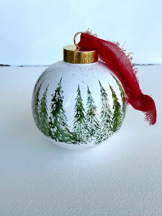 Green Winter Scene Glass Ornament -Hand Painted