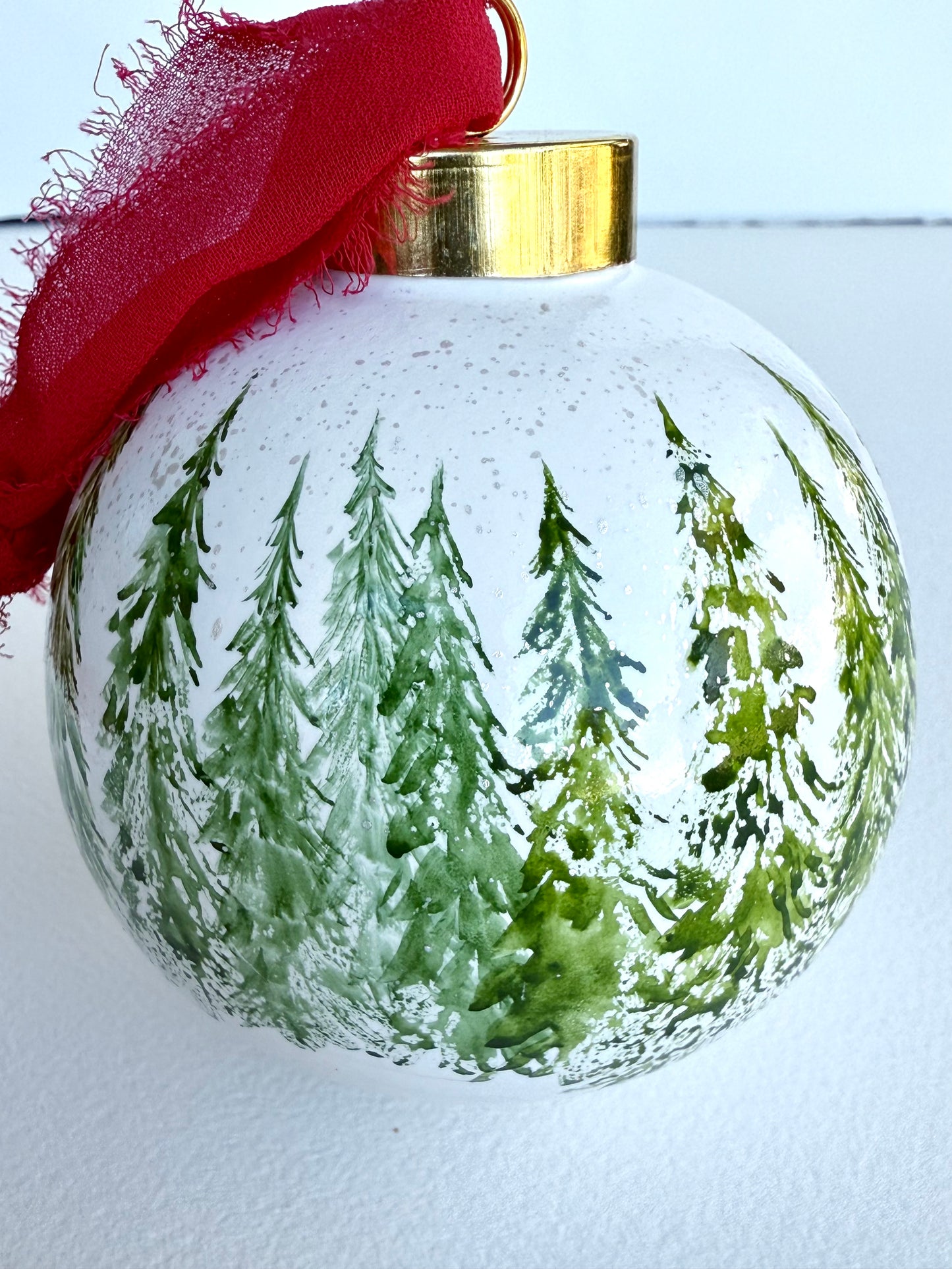 Green Winter Scene Glass Ornament -Hand Painted