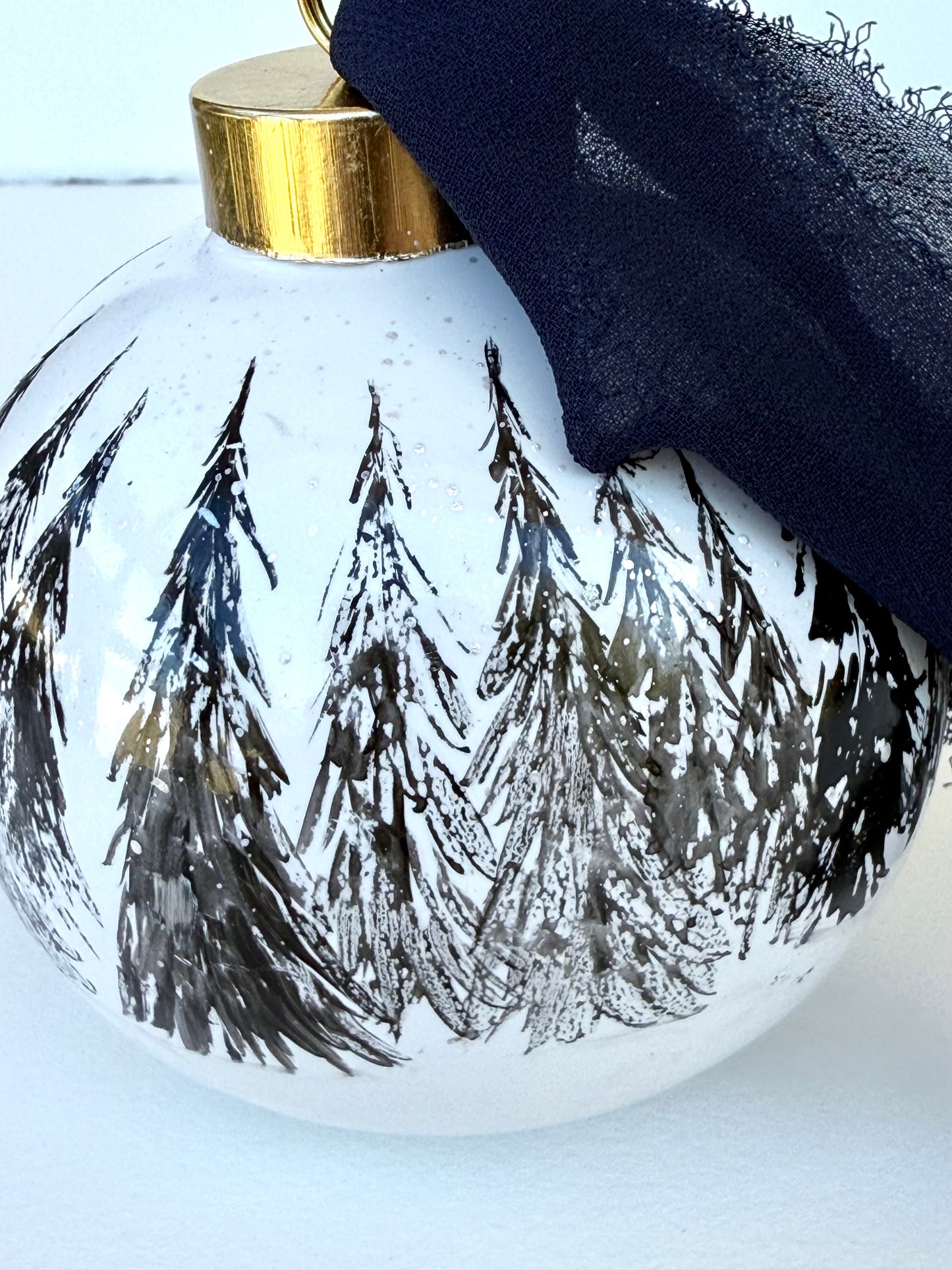 Black Winter Scene Glass Ornament -Hand Painted